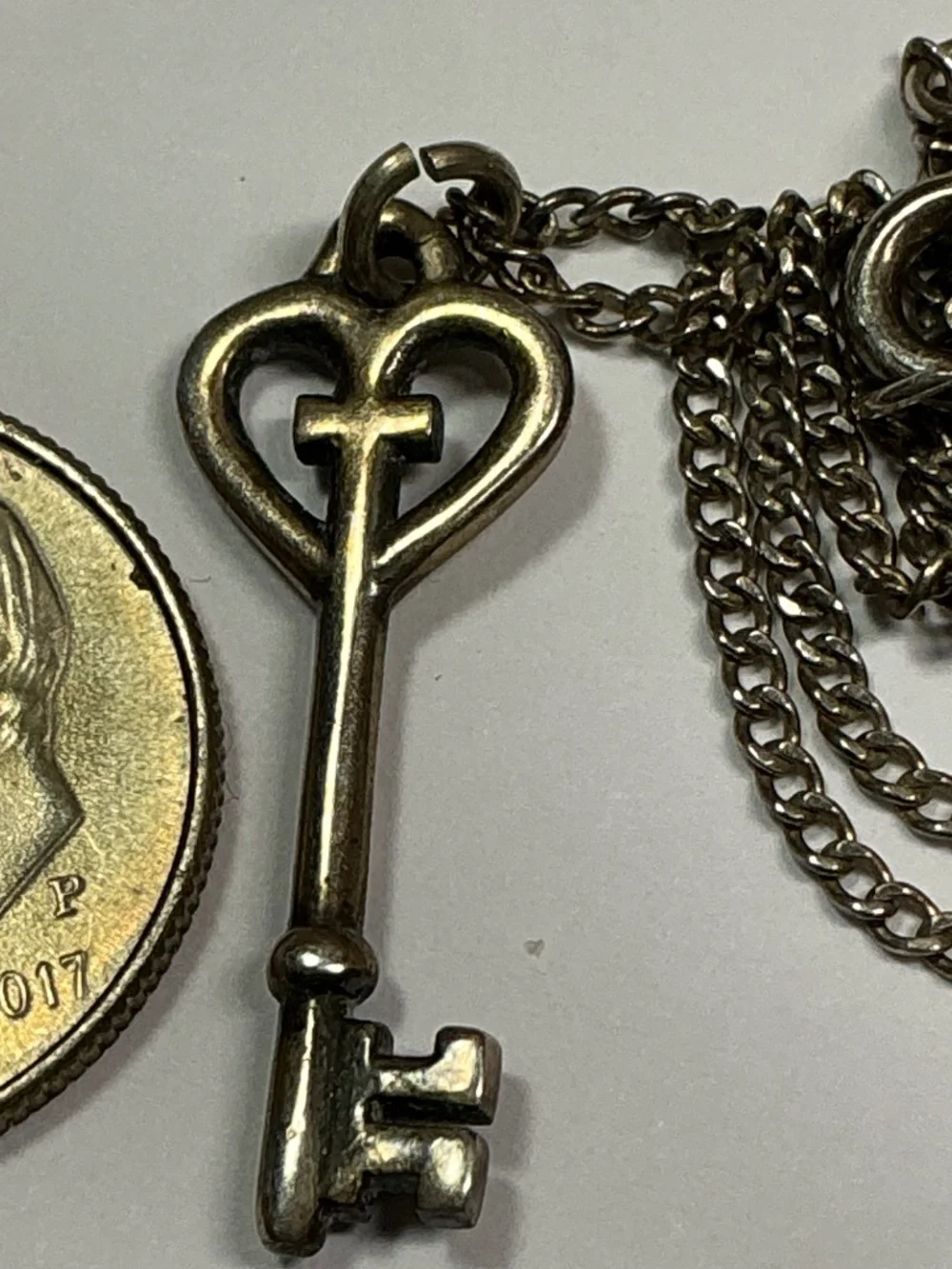 Sterling Silver Skeleton KEY pendant W/ Petite Curb Chain. 19 inches long